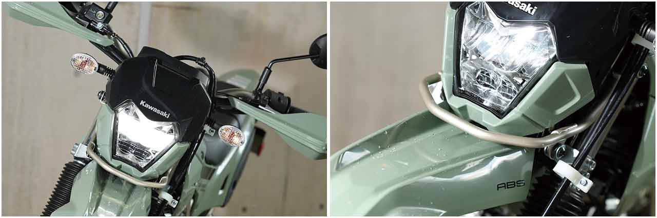 LEDヘッドライトはKLX230Sと同じもの。レーサー風のKLXと違い小顔に見えるツートーン。金属のグリップハンドルが付いているのがシェルパの特徴。手助けや起こす時に役に立つ
