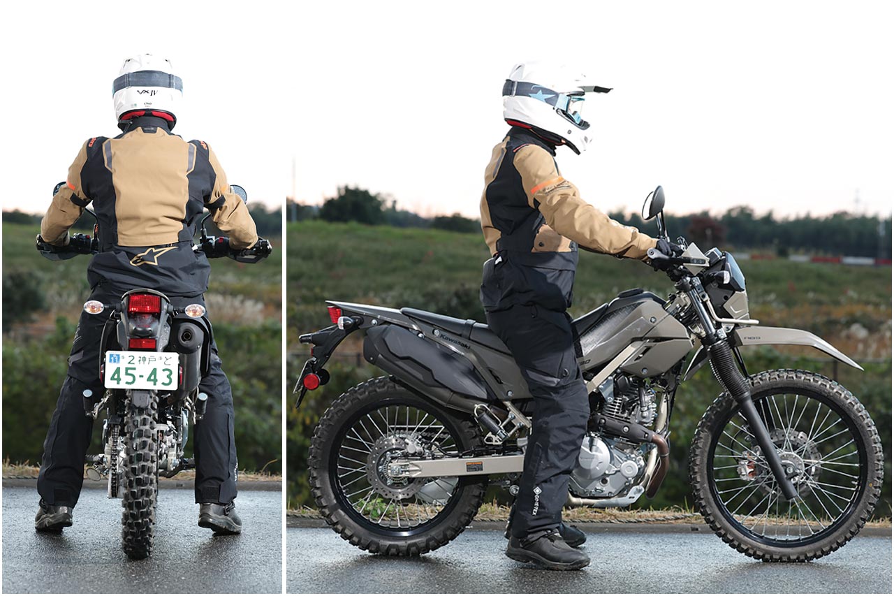 身長170cm、体重68kgの（やや短足）ライダーが乗車。シート高は845cm。旧型KLX
230Sより15mm高くなっているが、以前よりホイールトラベルを増やしながら高さをおさえるためにシートレールを低くした。重心が高くないので片足でも接地すれば車体を支えやすい。
