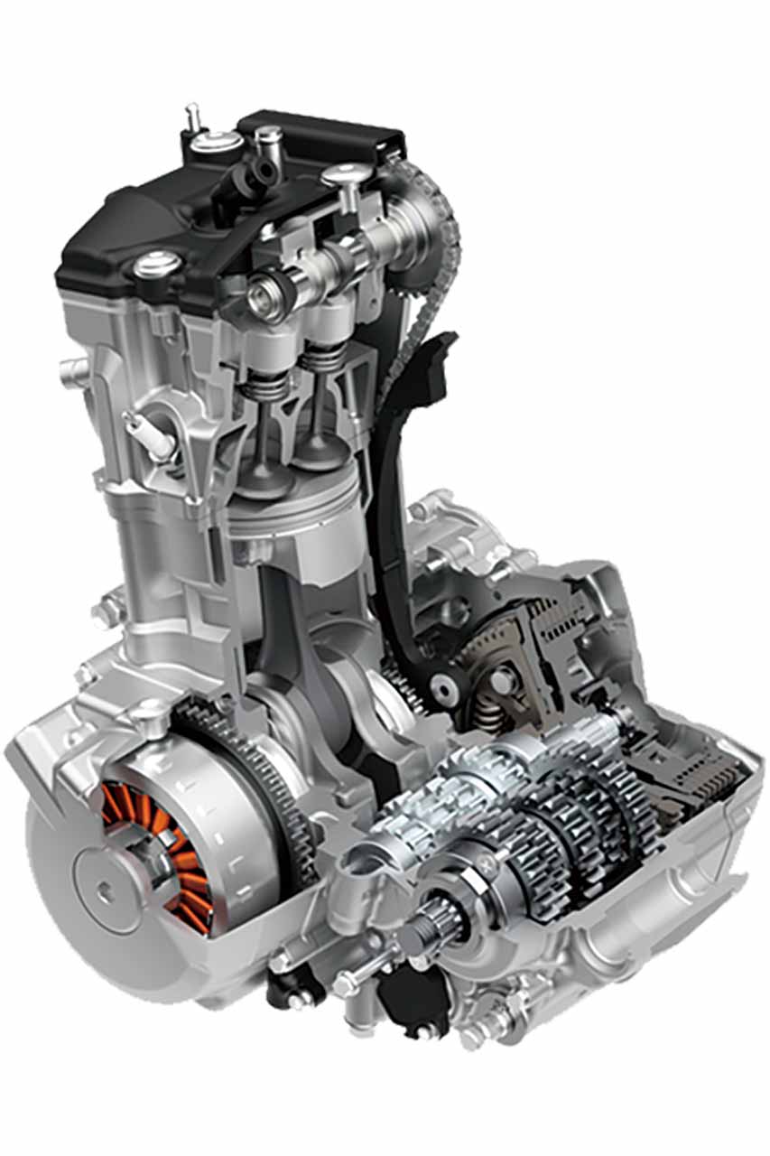 ユーロ5+に対応する新型水冷4ストローク単気筒DOHC398ccエンジン。電子制御スロットルや完全燃焼化のためのWスパーク仕様、またカムシャフトプロファイル、ピストンも新型としている