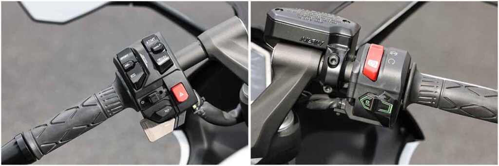 左スイッチボックスの最下段、グレーのスイッチを押すとシフトダウン。シフトアップはハンドルバーの前方にあり手前に引く形で使用する。右スイッチボックス中央のグリーンのマーキング入ったスイッチはe-boostの作動ボタン。メーターにe-boostのインジケーターが表示されている時に押すと、最大5秒間e-boostが起動する

