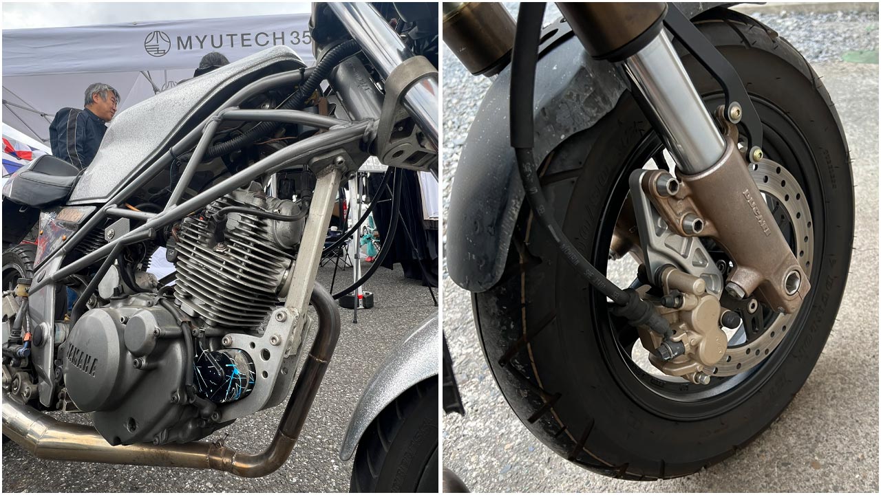 ワンオフパーツの作例。SDRの車体にセロー225のエンジンを積むためのエンジンハンガー(左)、倒立フォークのアンダーブラケットにキャリパーを装着するためのサポート(右)