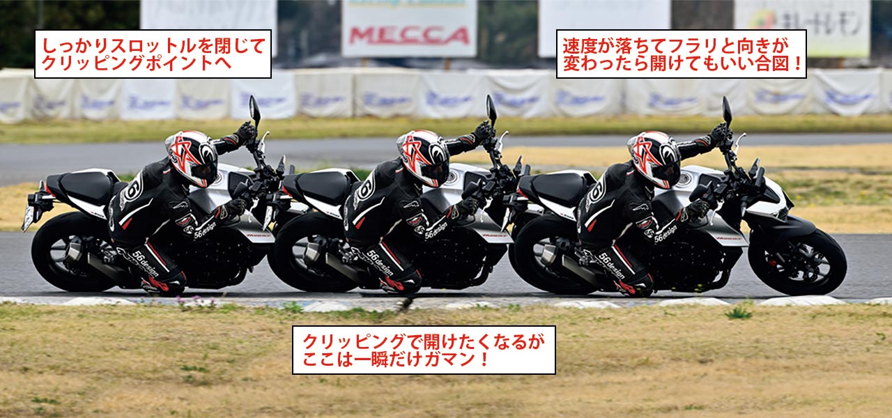 フロントブレーキを完全にリリースしてから、スロットルを開け始めるまでの、いわゆる一次旋回を細分化したのが上の3コマ。コーナーは回り込んだヘアピンカーブだ。まずはスロットルを閉じた状態で深いバンク角を維持して、旋回力を発揮。そこからすぐにスロットルを開けるのではなく、少しだけ待つ。すると、エンジンブレーキなどの影響でさらに車速が落ち、イン側に倒れ込むようにも、ググッとさらに曲がるようにも感じる瞬間が現れるのだ